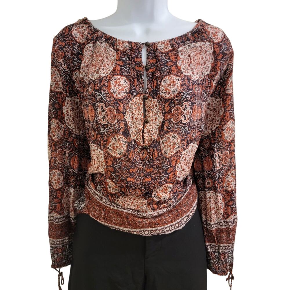 Lucky Brand Boho Paisley Blouse Women’s Medium Button Front Long Sleeve